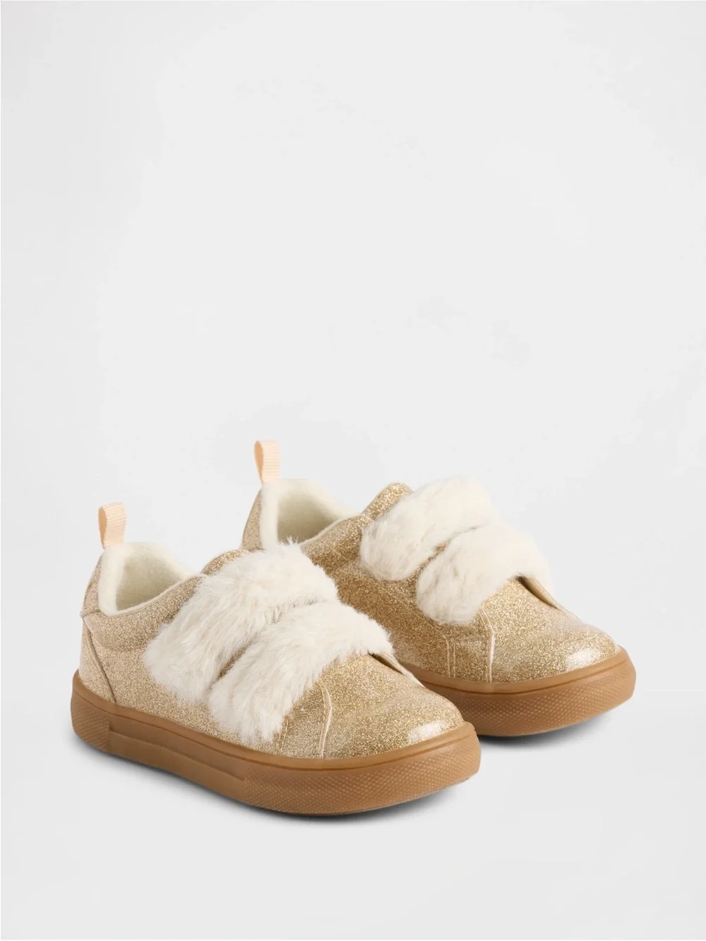 GAP Toddler Glitter Gold Sneakers with Cream Faux-Fur Straps, Size 9